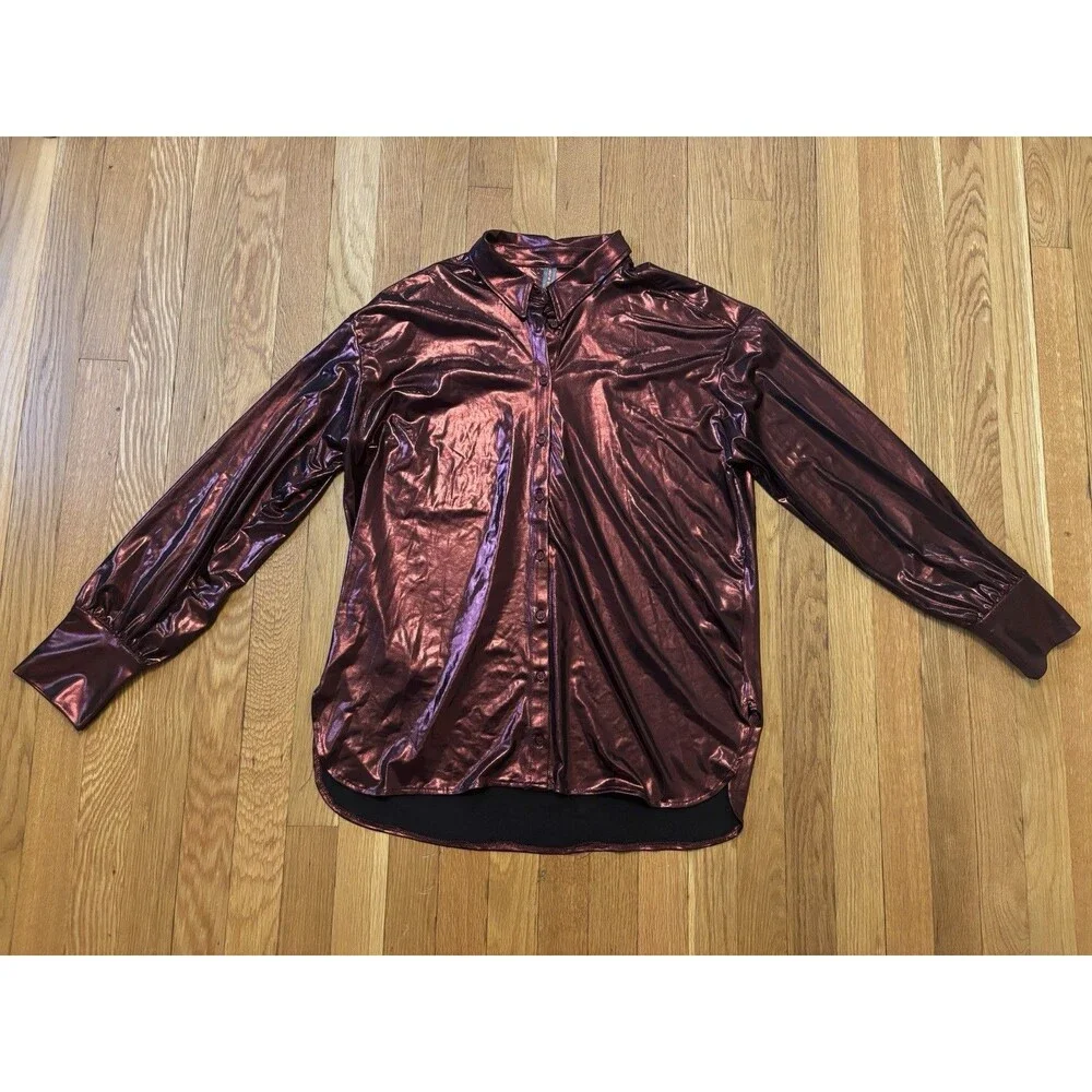 By Anthropologie Shine Button Down Shirt Burgundy Metallic Long Sleeve M NWT - Picture 2 of 7